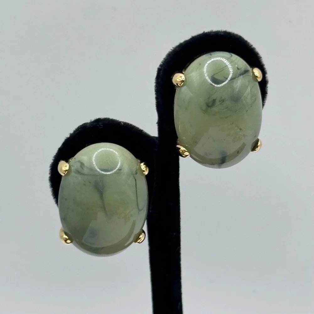 Joan Rivers Earrings Green Acrylic Cabochon Gold Tone Clip On